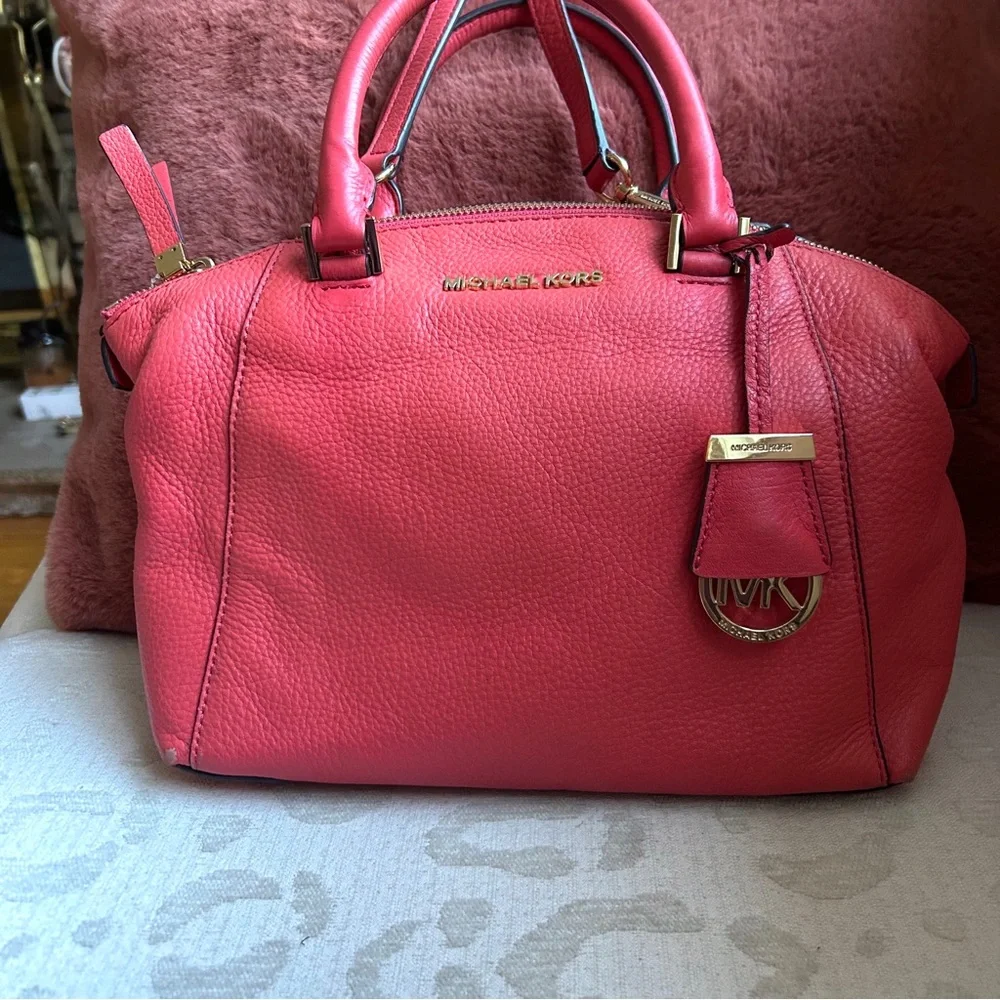 Michael Kors Pebbled Leather Coral Riley Satchel/Crossbody with Gold Hardware